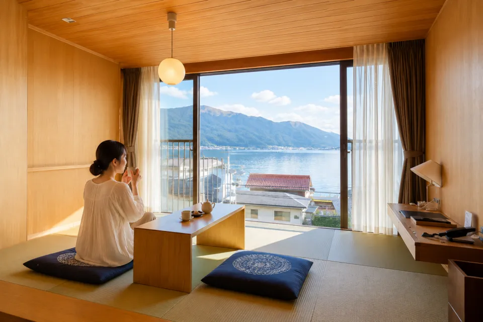 天橋立温泉　ホテル北野屋の海を望む和室でお茶を楽しむ様子