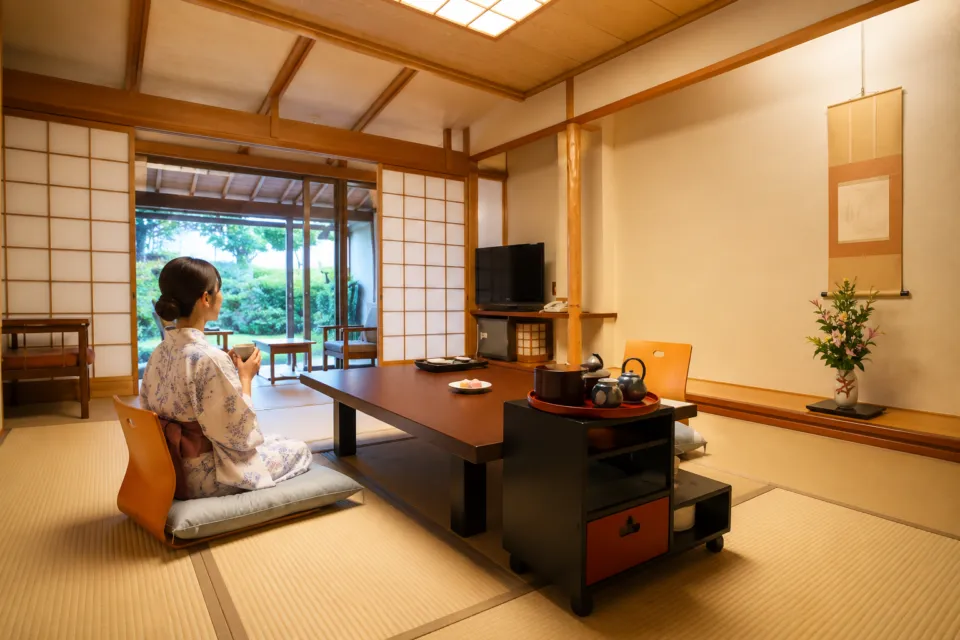 天橋立温泉　ホテル北野屋の和室でくつろぐ様子