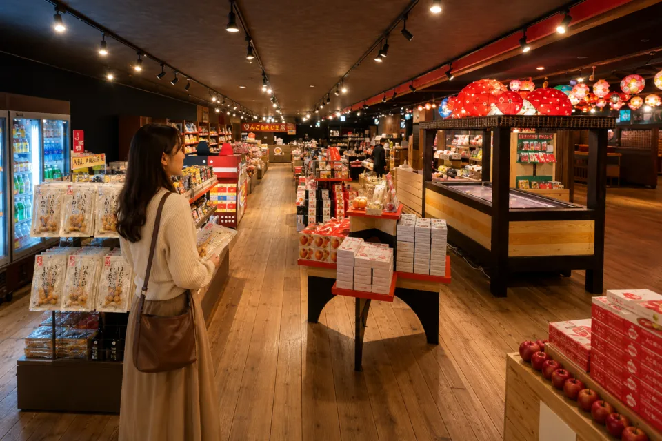青森屋 by 星野リゾートのりんご商品と土産品が並ぶ館内売店