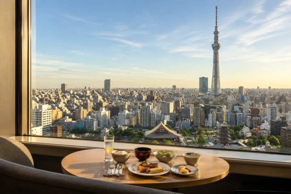 浅草ビューホテルの東京スカイツリーを望む窓辺の食事