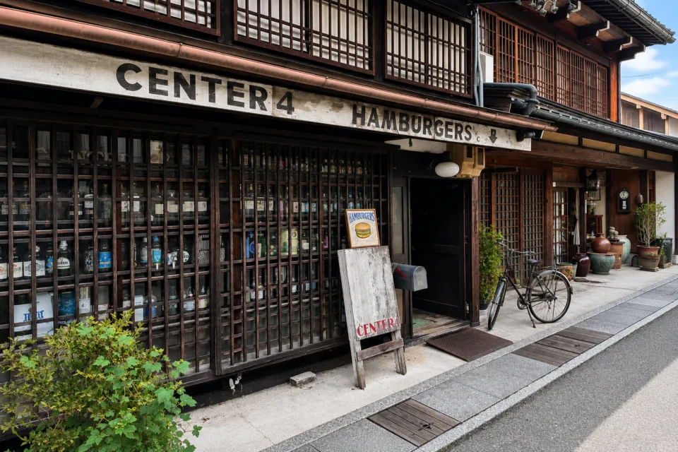 CENTER4 HAMBURGERSの町家の格子を生かした店舗外観