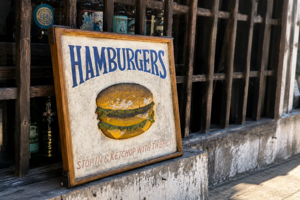 CENTER4 HAMBURGERSのハンバーガーを描いた店舗看板