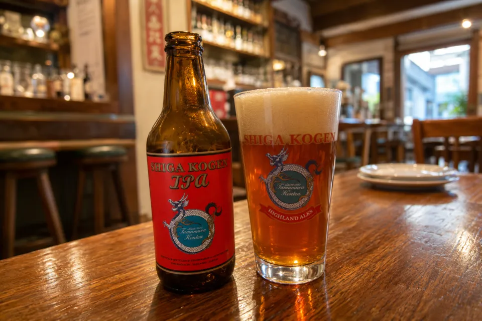 CENTER4 HAMBURGERSのビールのボトルとグラス