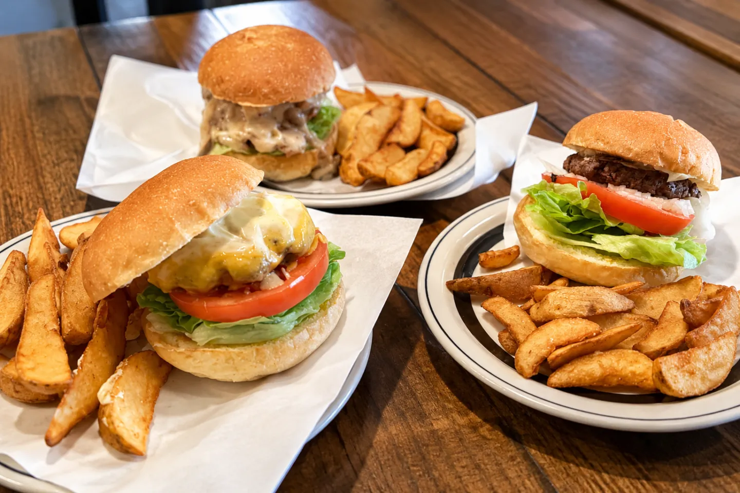 CENTER4 HAMBURGERSの3種類のハンバーガーとフライドポテト