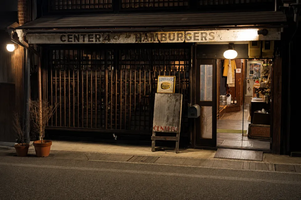 CENTER4 HAMBURGERSの夜の店舗外観