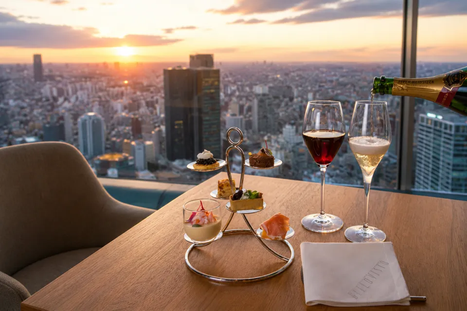 セルリアンタワー東急ホテルの夕景を望むシャンパンと軽食