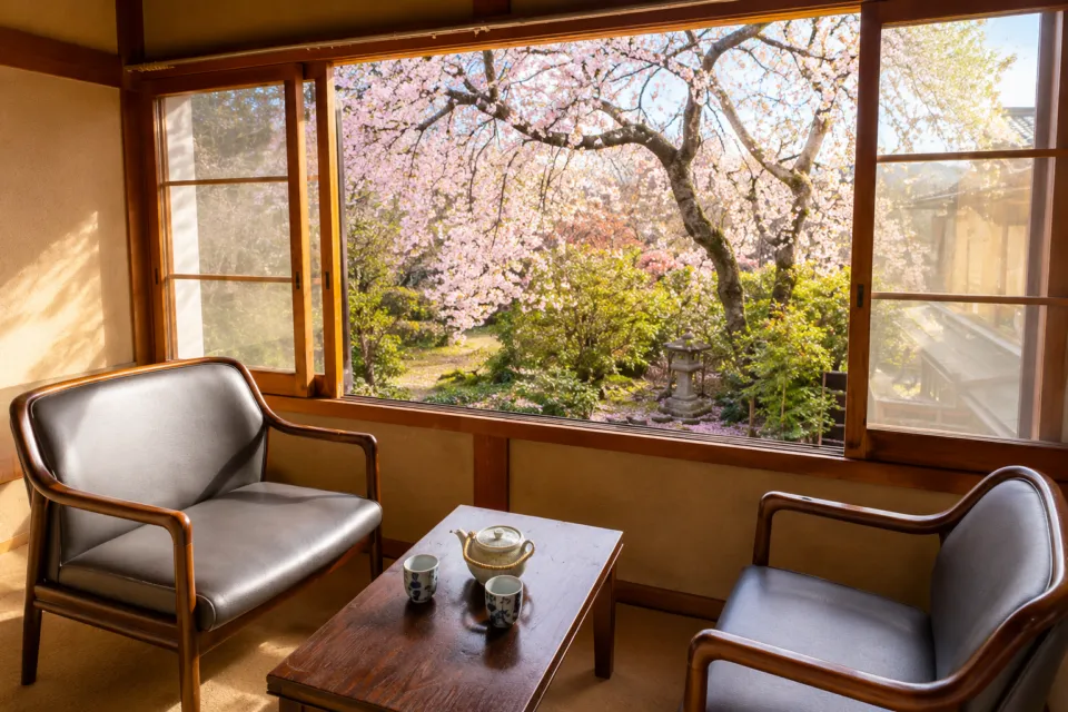 竹林院群芳園の窓越しに桜の庭園を望む休憩スペース