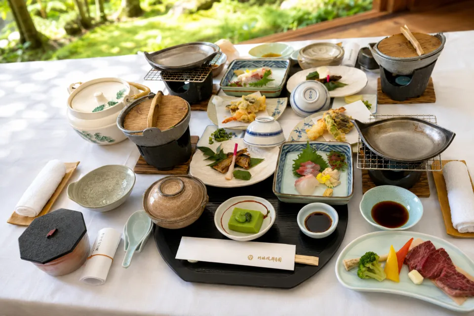 竹林院群芳園の鍋料理や刺身を並べた会席料理