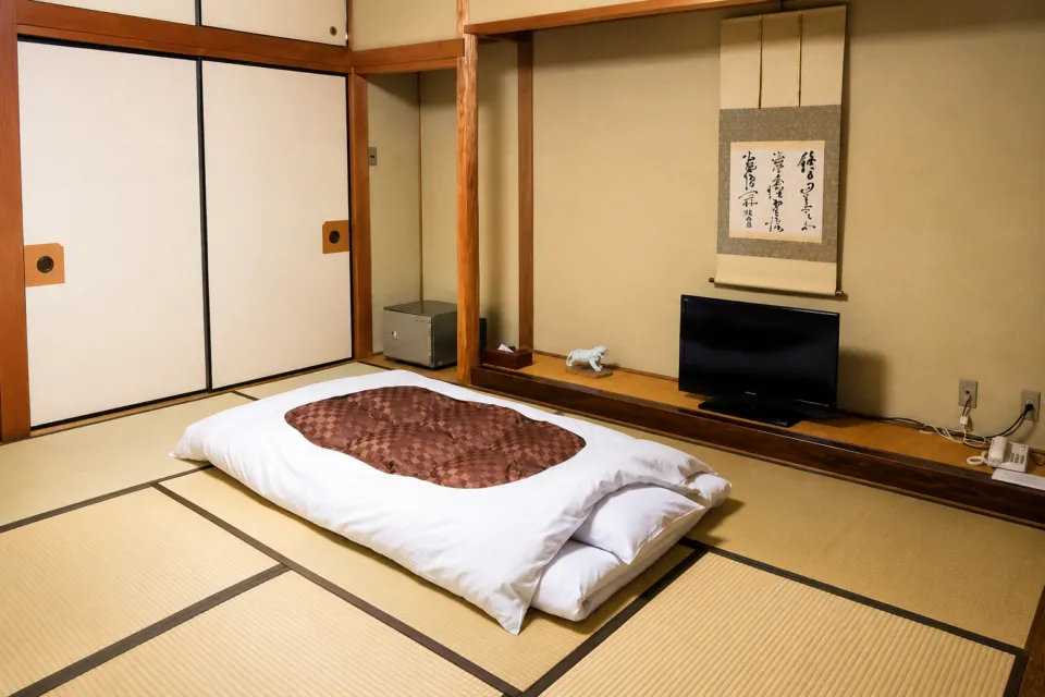 竹林院群芳園の本館レトロ客室に敷かれた布団