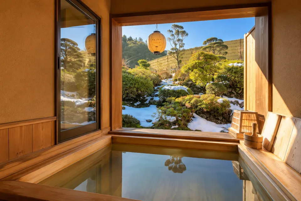洞川温泉 角甚の雪の庭を望む木造りの風呂