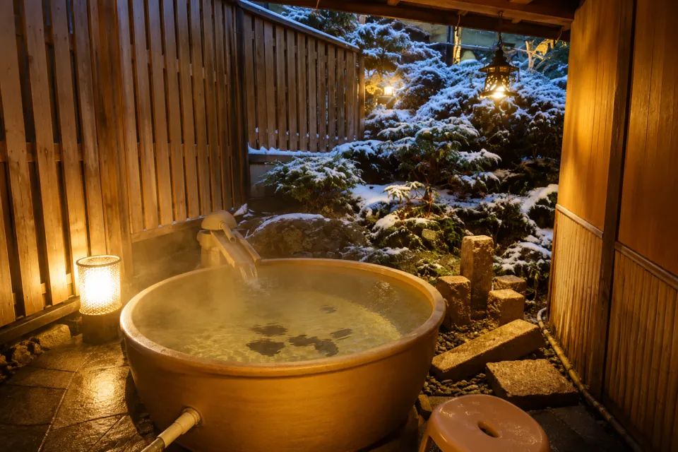 洞川温泉 角甚の雪景色を望む露天風呂