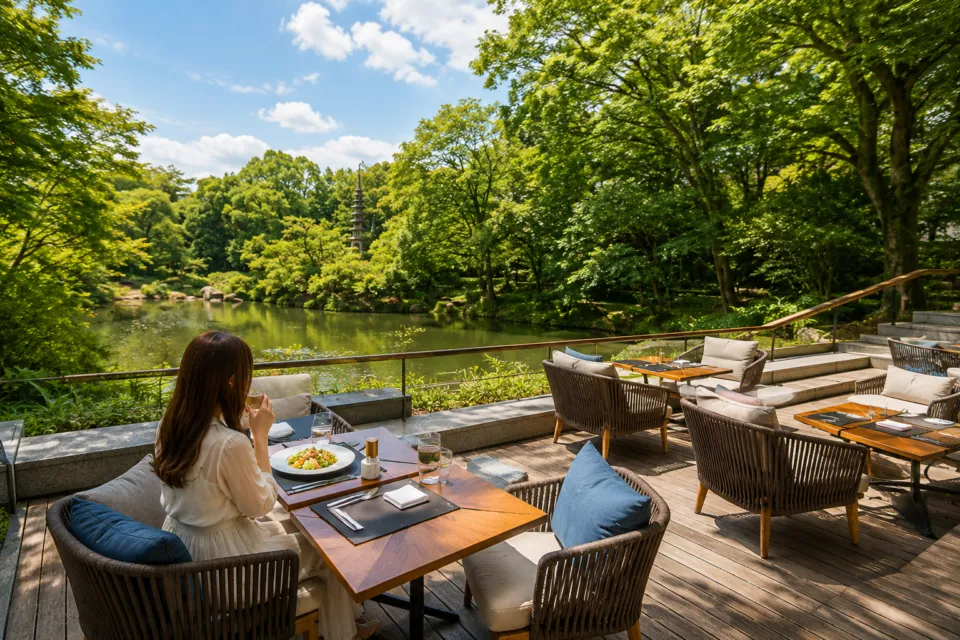 フォーシーズンズホテル京都の池を望むテラスで食事を楽しむ様子