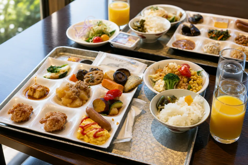 下呂温泉 小川屋の和洋料理が並ぶ朝食