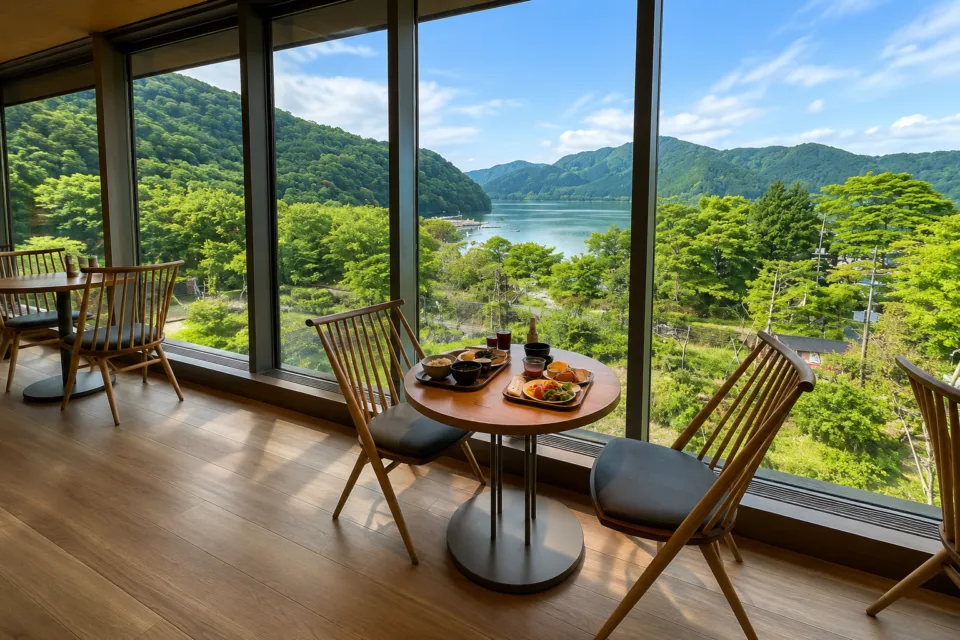 箱根・芦ノ湖 はなをりの芦ノ湖を望む食事席