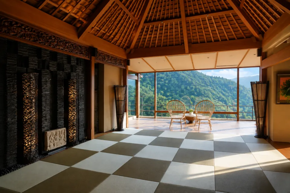 箱根吟遊の山並みを望む館内ラウンジ