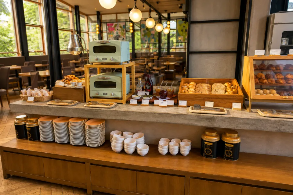 箱根リトリート föreのパンが並ぶ朝食ブッフェ