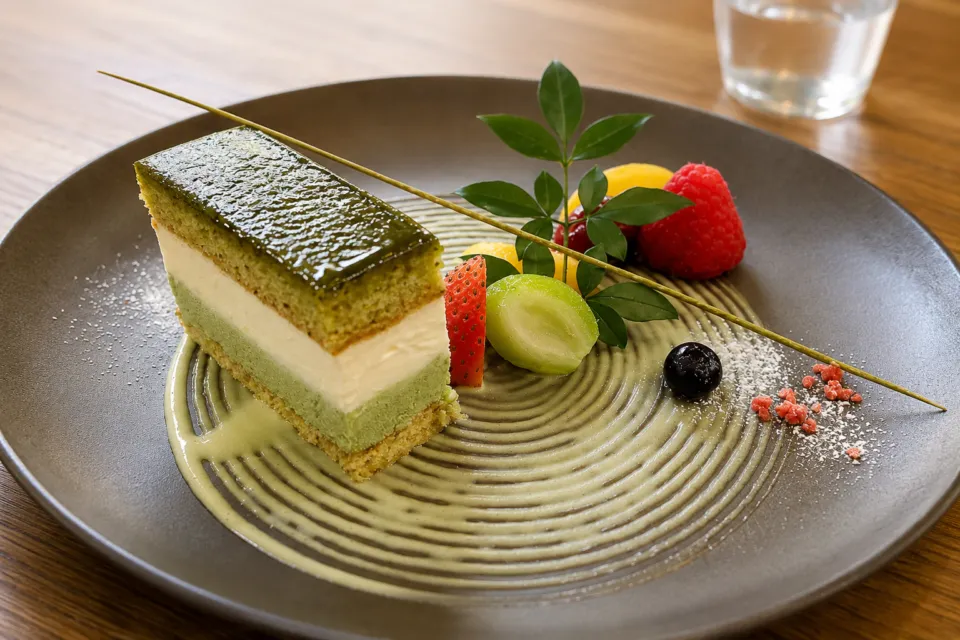 箱根リトリート föreの抹茶ケーキと果物のデザート