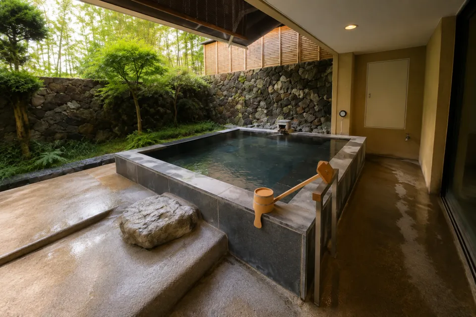 箱根・翠松園の石垣に面した露天風呂