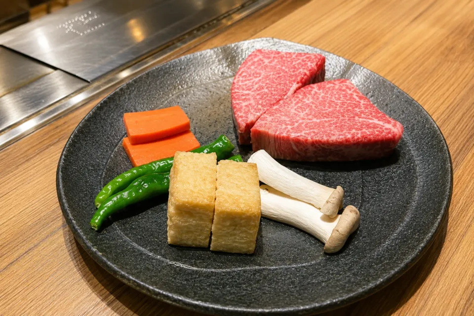 花やしき浮舟園の鉄板焼き用の霜降り肉と野菜