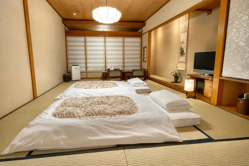 本陣平野屋 花兆庵の布団を敷いた和室