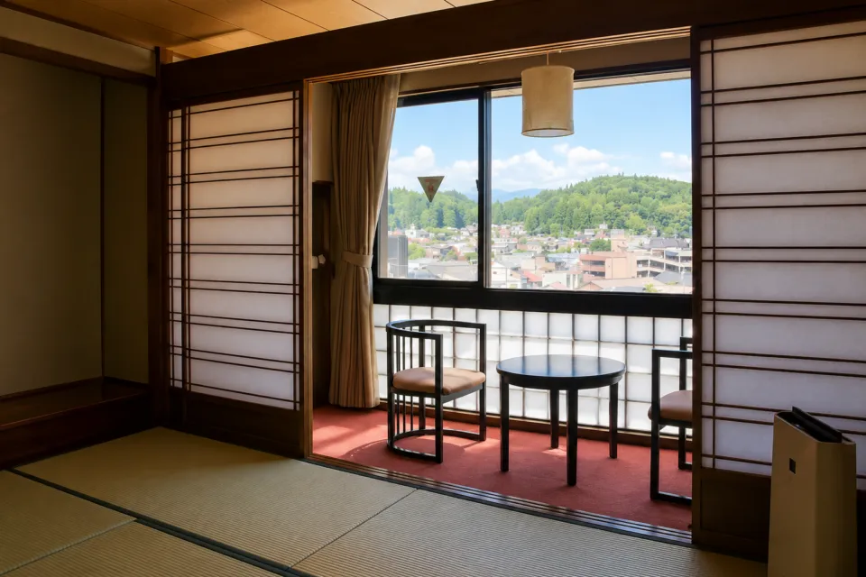 本陣平野屋 花兆庵の客室から望む街並み