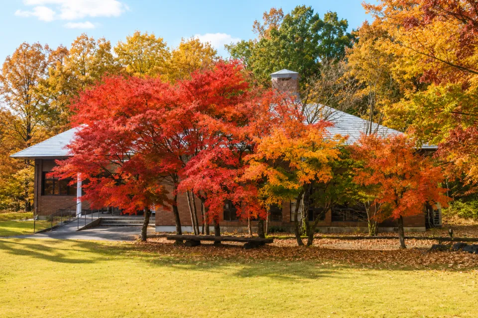 ホテルエピナール那須の紅葉に囲まれた建物