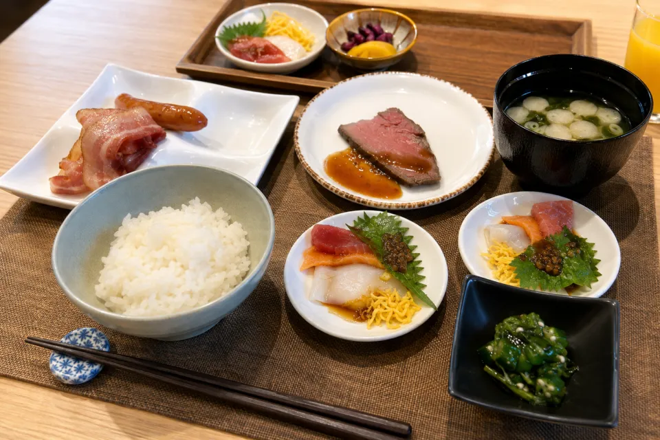 ホテルヴィスキオ京都の刺身とローストビーフを盛り付けた朝食
