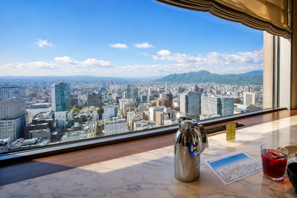 JRタワーホテル日航札幌の館内から望む札幌市街と山並み