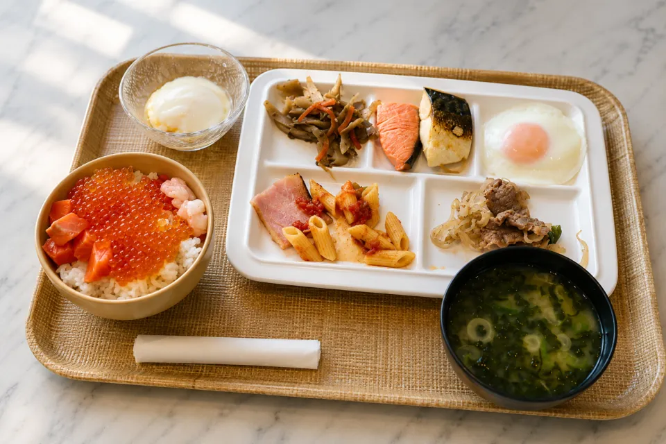 JRタワーホテル日航札幌の海鮮丼と料理を盛り付けた朝食