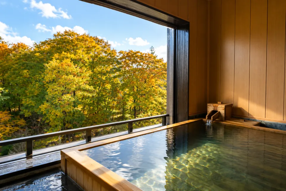 世界遺産の隠れ宿 果実の森の紅葉の森を望む檜風呂