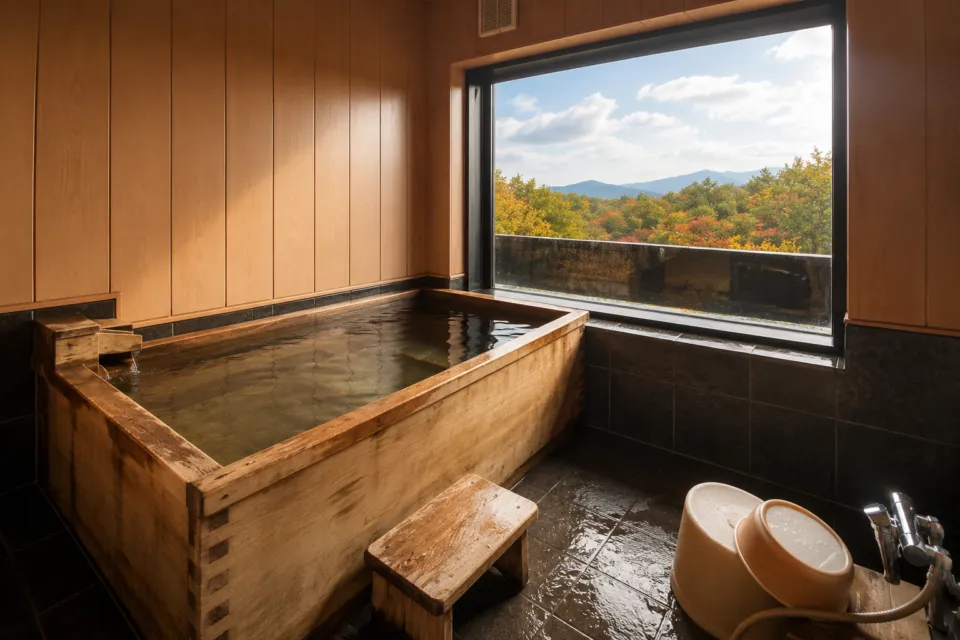 世界遺産の隠れ宿 果実の森の紅葉と山並みを望む木造浴槽
