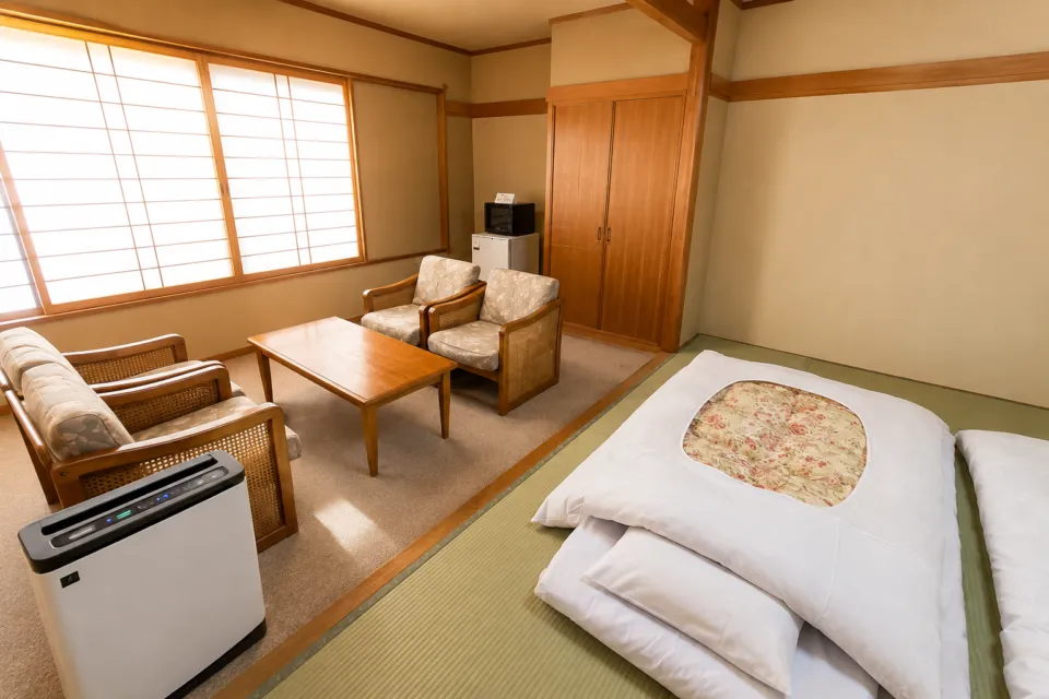 亀の井ホテル 田沢湖の布団と応接スペースを備えた和室