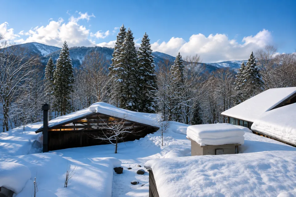 亀の井ホテル 田沢湖の雪に覆われた敷地と建物