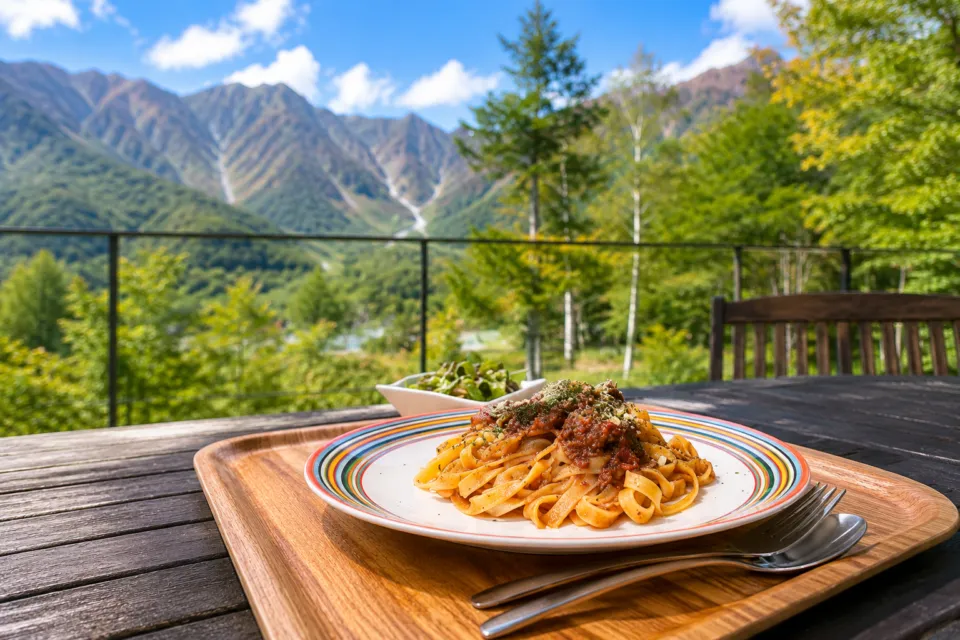 上高地ホテル白樺荘の山並みを望むテラス席のパスタ