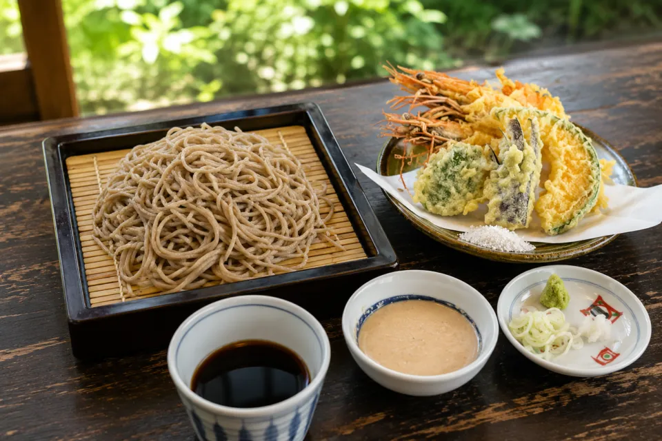 軽井沢 川上庵 本店の海老と野菜の天ぷらを添えたせいろそば