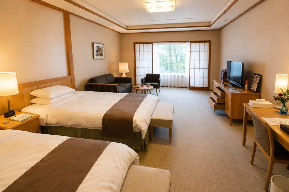 佳松園のソファを備えたツインルーム