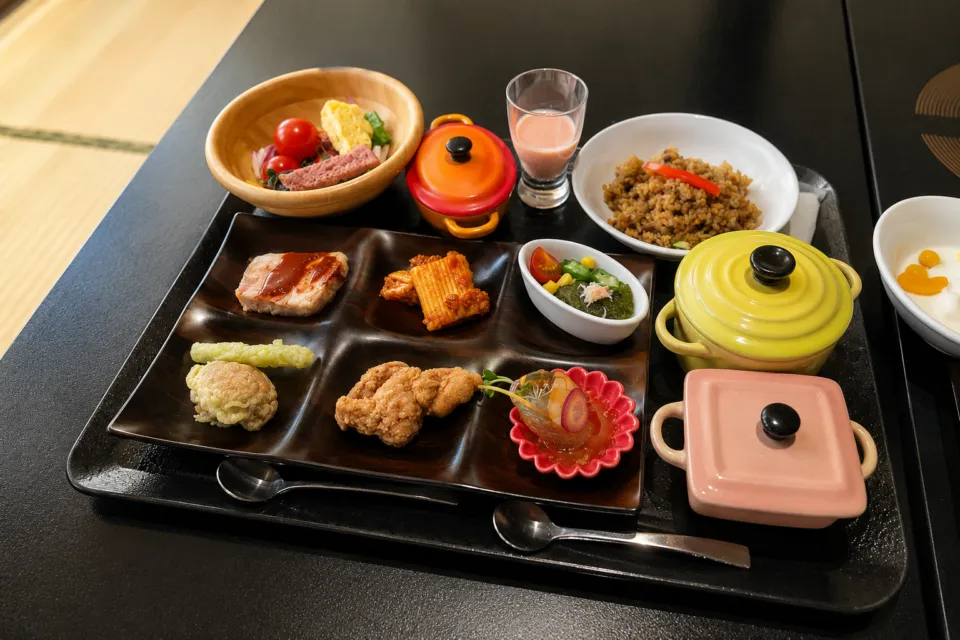 KIKI知床 ナチュラルリゾートの小鍋と料理を盛り合わせた食事