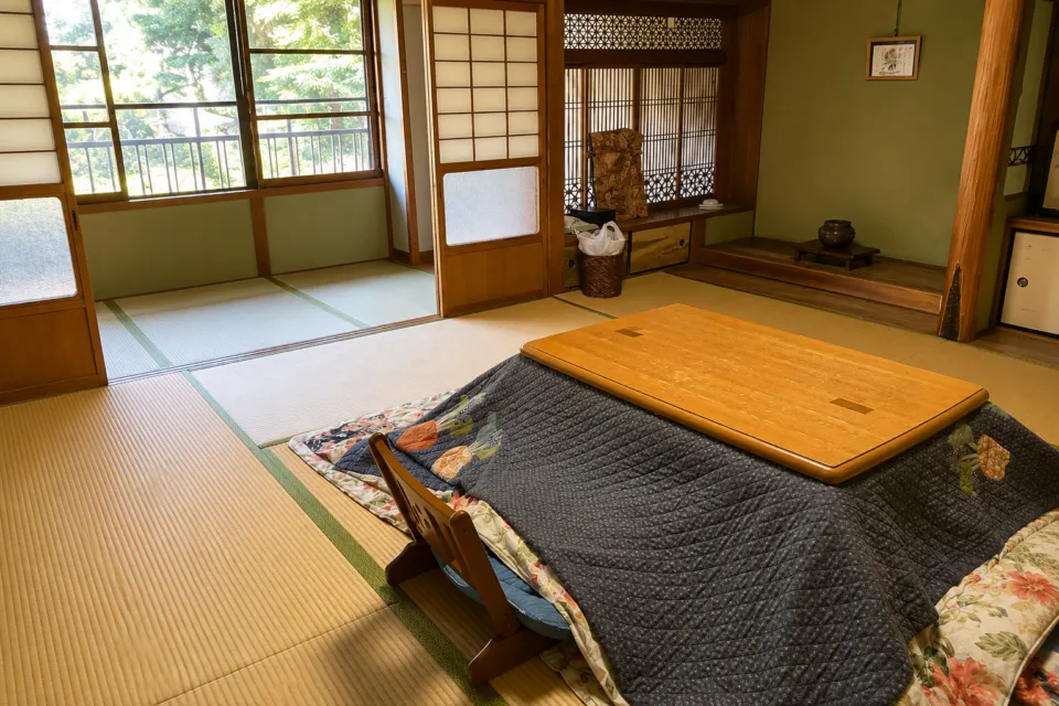紀の国屋甚八のこたつを備えた二間続きの和室