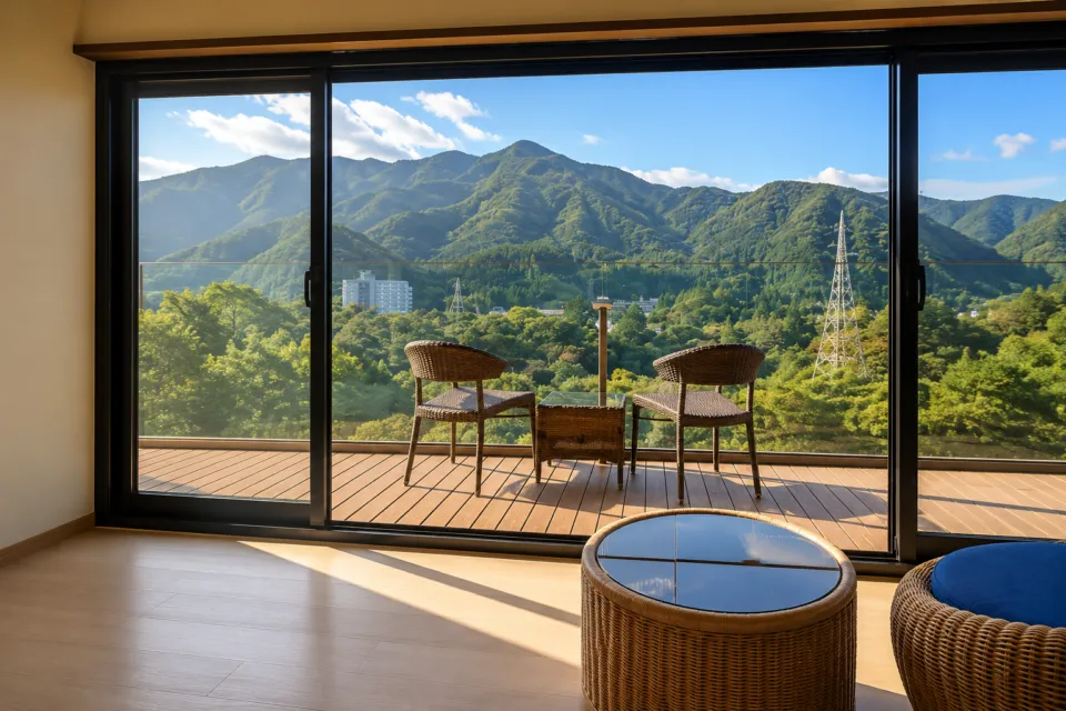 鬼怒川金谷ホテルの客室側テラスと山並み