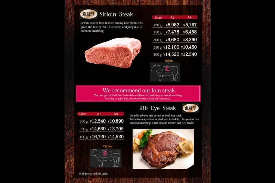 飛騨牛ステーキ専門店 キッチン飛騨のサーロインとリブロースの英語メニュー