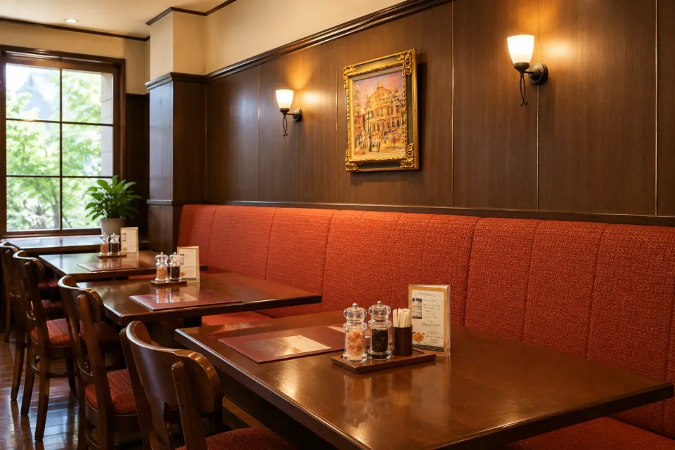 飛騨牛ステーキ専門店 キッチン飛騨の赤いソファが並ぶテーブル席