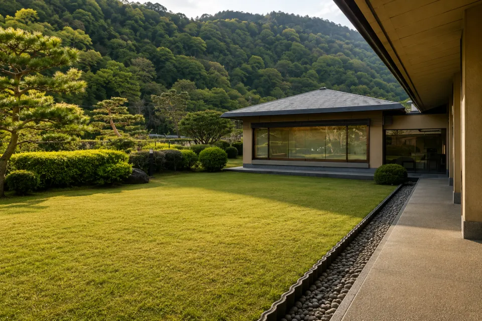 京都・嵐山 ご清遊の宿 らんざんの庭園と山並み