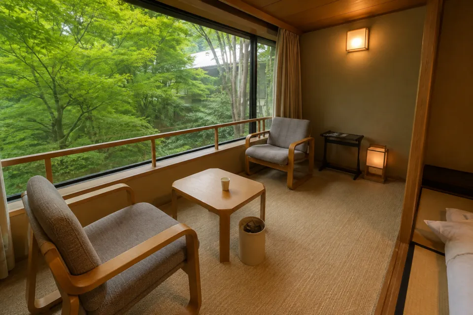 京都・嵐山 ご清遊の宿 らんざんの緑を望む客室