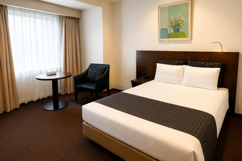 ロワジールホテル豊橋のベッドとテーブルを備えた客室