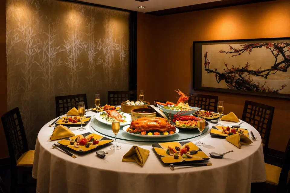 沖縄ハーバービューホテルの中国料理桃翠の料理を並べた円卓