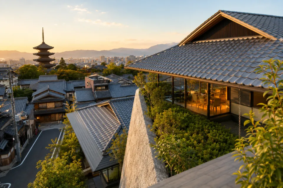 パーク ハイアット 京都の夕暮れの京都市街と八坂の塔を望む景色