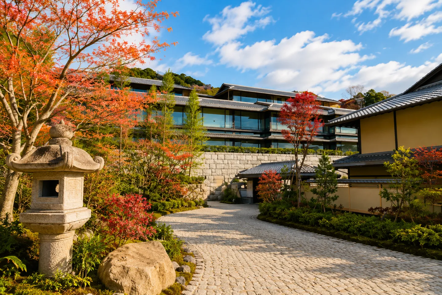 パーク ハイアット 京都の紅葉に囲まれた建物外観