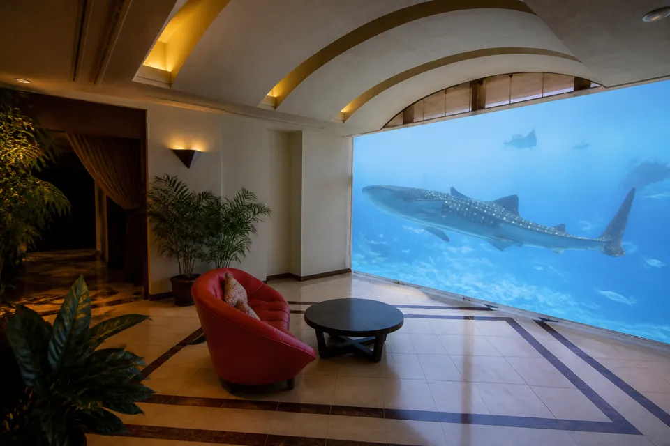 ロイヤルビューホテル美ら海のジンベエザメ映像を投影する美ら海ラウンジ