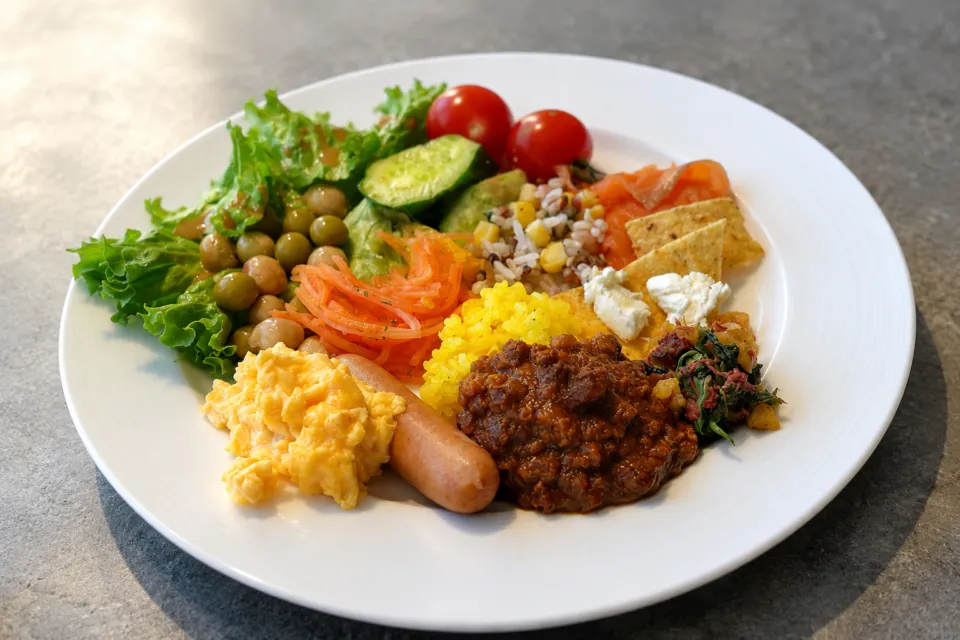 シェラトングランドホテル広島の卵料理やサラダを盛り合わせた朝食プレート