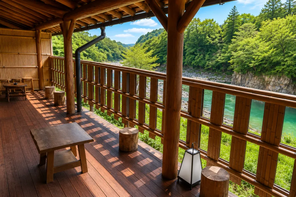 天然温泉白川郷の湯の庄川を望むテラス